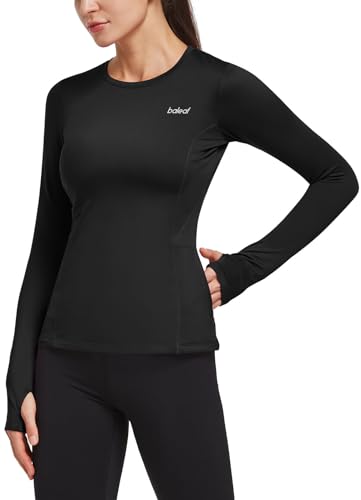 BALEAF Women's Thermal Tops Long Sleeve Workout Shirts Running Athletic Zipper Pocket Fleece Lined Cold Weather Gear Winter Thumbholes Black L