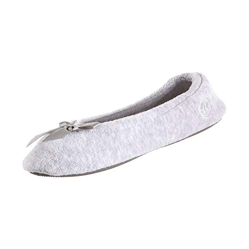 isotoner Women's Terry Ballerina Slipper with Bow for Indoor/Outdoor Comfort, Heather Grey, 9.5-10.5