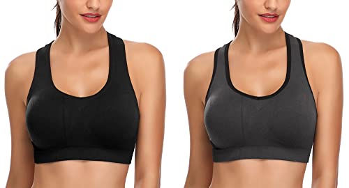MIRITY Women Racerback Sports Bras - High Impact Workout Gym Activewear Bra Color Black Grey Size M
