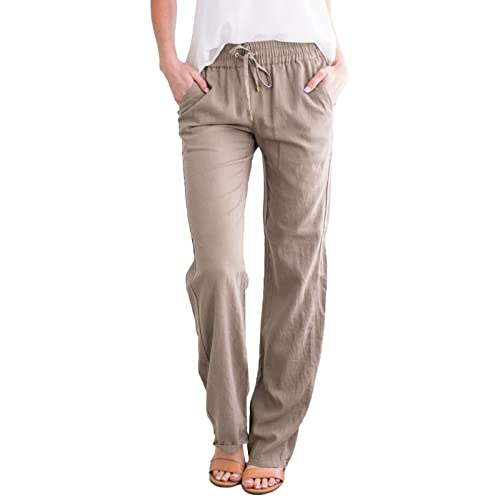 SHAOBGE Women Linen Pants,Prime The Day 2024,Womens Casual Cotton Linen Pants Lightweight Summer Relax Fit Elastic Waist Straight Leg Plus Size Solid Lounge Long Trousers 4-Khaki Medium
