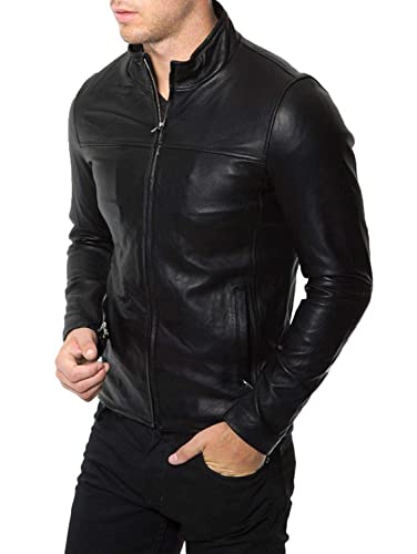 Azrah 100% Leather Jacket for Men - Round Collar Slim Fit - Moto, Bomber, Biker Winter Casual Wear - Black 52RC - Small