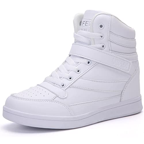 UBFEN Womens high top Ankle Support Sneakers Vibrant White Wedge Heel Retro 80s Tennis Shoes for Girls Cosplay Removable Insole Footwear