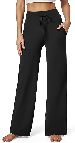 IUGA Wide Leg Yoga Pants for Women Sweatpants with Pockets Yoga Pants Flare Lounge Pants Loose High Waist Comfy Workout Dance Black