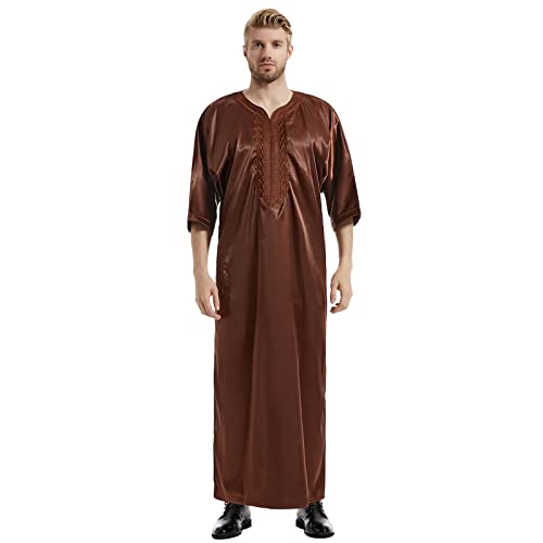 EELHOE Casual Shirt for Beach Summer Mens Men's Muslim Thobe Middle East Islamic Saudi Arabic Long Gown Dress Lightweight Crew Neck Clothing Ramadan Jubbah Shirt Dresses Middle East Jubba
