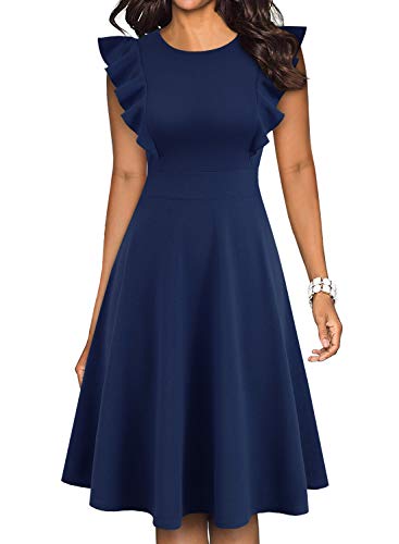 YATHON Women's Vintage Ruffle Floral Flared A Line Swing Casual Cocktail Party Dresses (M, YT001-Navy Blue)