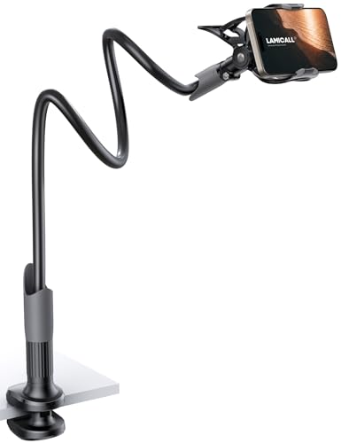 Lamicall Gooseneck Phone Holder for Bed - Cell Phone Mount Clamp for Desk, Flexible Long Arm Headboard Bedside Clip, Overhead Mount Stand for 4-7' Phone, iPhone 15 Pro Max, 14 Plus, 13 Mini, Black