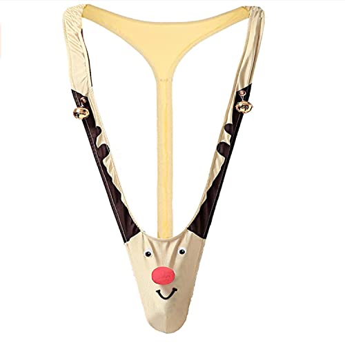 Mens Christmas Reindeer Mankini, Funny Gag Naughty Gift Dirty Santa Prank Hilarious White Elephant Joke Gag Gifts for Adults - Mens Thong Underwear Swimsuit w/Bells, Unique Novelty Gift Exchange Ideas