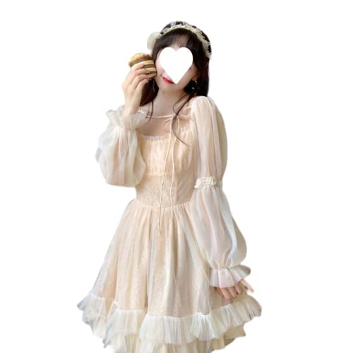 French Fairy Niche Lace Dress Women Long Sleeve Vintage Design New Dress (Color : Apricot, Size : Medium)