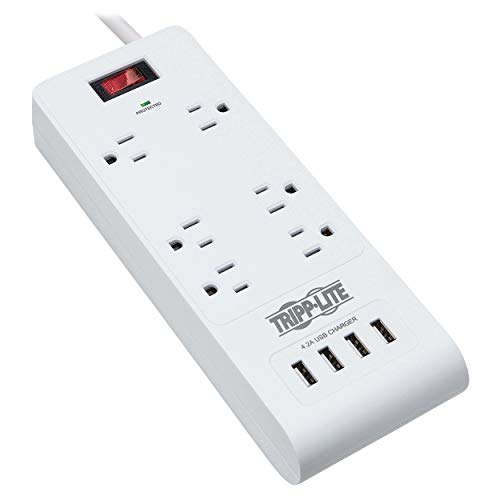 Tripp Lite 6 Outlet Surge Protector Power Strip 4 USB Ports 4.2A Fast Charge, 15 ft. Cord 900 Joules, White, (TLP64USBRA15)