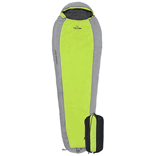 TETON Sports Tracker 5 Lightweight Mummy Sleeping Bag; Great for Hiking, Backpacking and Camping; Free Compression Sack, Green/Grey, Adult - 87' x 34' x 22'
