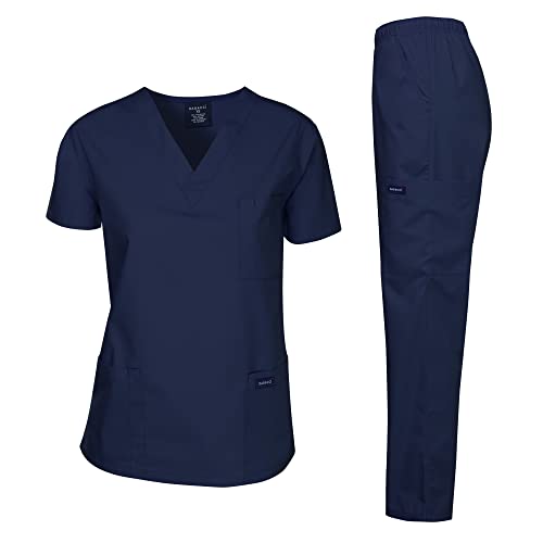 Dagacci Medical Uniform Scrubs Medical Uniform Unisex Scrubs Set Medical Scrubs Top and Pants (Medium, Navy)