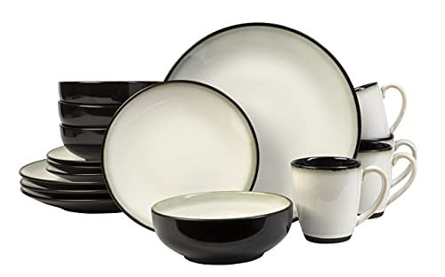 Sango Nova 16-Piece Ceramic Dinnerware Set with Round Plates and Mugs, Black