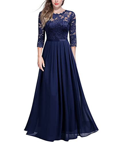 Miusol Women's Elegant Floral Lace 3/4 Sleeve Bridesmaid Formal Maxi Dress (Medium, Navy Blue)