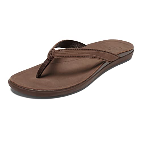 OLUKAI 'Aukai Women's Beach Sandals, Soft Leather Flip-Flop Slides with Non Marking Outsoles, Lightweight & All-Day Comfort, Dk Java/Dk Java, 7