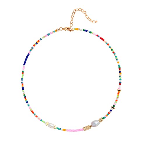 Wellike Colorful Beaded Necklace for Women Real Freshwater Pearl Beaded Choker, Dainty Gold Necklaces for Teen Girls 18K Gold Trendy Y2K Jewelry Gifts for Summer