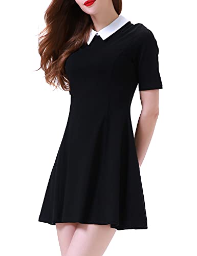 Aphratti Women's Short Sleeve Peter Pan Collar Cute Skater Dress Fit and Flare A-Line Casual Dresses Black Small