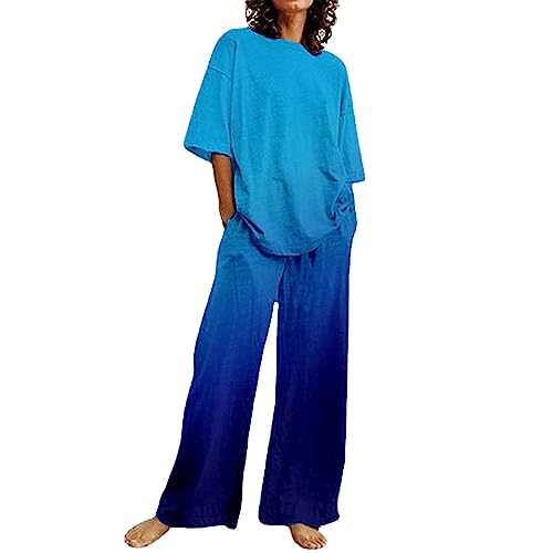 SHAOBGE My Order Your Orders Placed Recently by Me Women’S Linen Two Piece Outfits 2024 Plus Size Wide Leg Pants Sets Cotton Linen 2 Piece Outfits Trendy 2 Piece Linen Shorts Set for Women Blue
