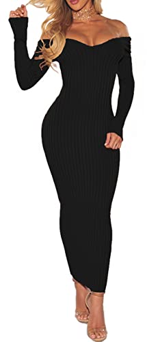 Women's Sexy Off Shoulder Long Sleeve Slim Knit Bodycon Ribbed Sweater Dress Midi Pencil Dress(Black Small)