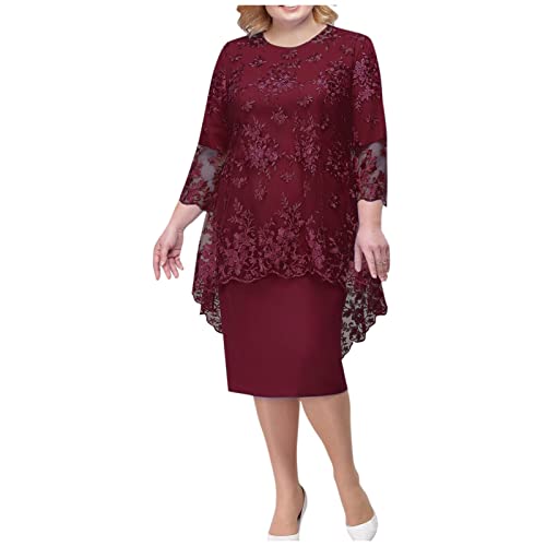 ADHOWBEW Formal Dresses for Women Plus Size Lace Chiffon Two Piece Set Dress Elegant Long Sleeve Midi Wedding Guest Dresses Crew Neck Dresses That Hide Belly Fat Spring Clothes 2024 3X-Large Wine