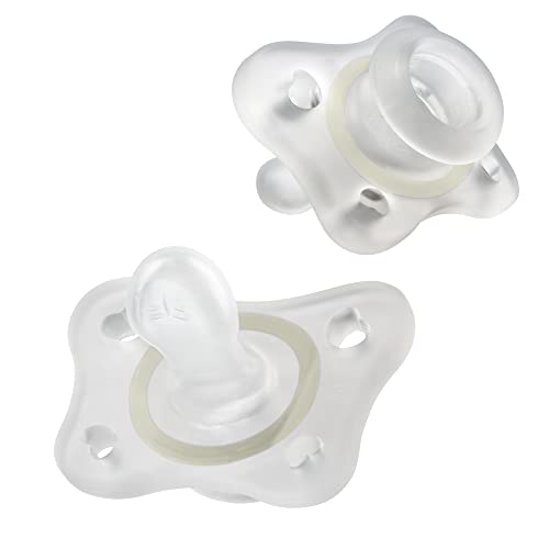 Chicco PhysioForma 100% Silicone Mini Glow in The Dark Pacifier for Babies Aged 2-6 Months | Orthodontic Nipple Supports Breathing | BPA & Latex Free | Reusable Sterilizing Case | Clear, 2pk