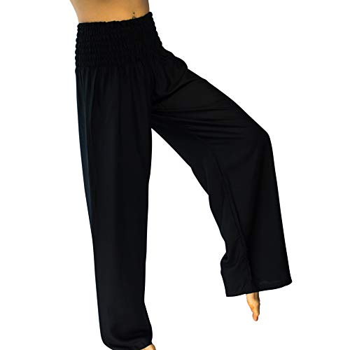 PIYOGA Womens Wide Leg Palazzo Flare Pants Smocked High Waist 2 Pockets - Black is The New Black