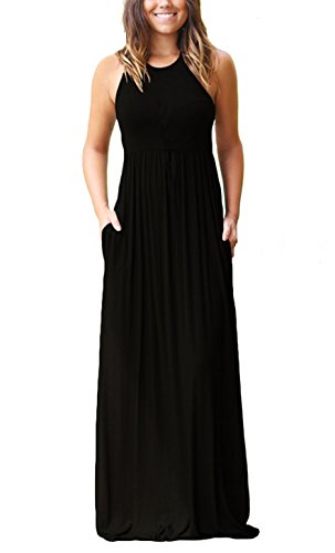 GRECERELLE Women's Round Neck Sleeveless A-line Casual Maxi Dresses with Pockets Black