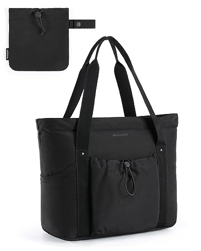 BAGSMART Women Foldable Tote Bag with Drawstring Storage Bag, Large Tote Bag Shoulder Bag Top Handle Handbag for Travel, Work, Beach, Gym, Shop, (Black)
