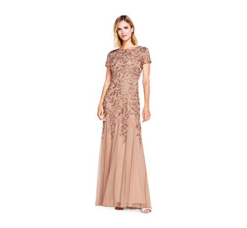 Adrianna Papell Women's Floral Beaded Godet Gown, Rose Gold, 8