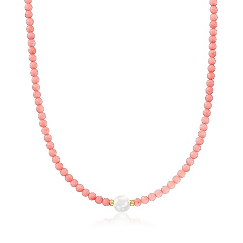 Ross-Simons 4mm Pink Coral Bead and 8.5-9mm Cultured Pearl Necklace With 18kt Gold Over Sterling. 18 inches