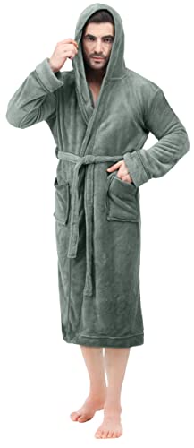 NY Threads Mens Hooded Fleece Robe - Plush Long Bathrobes, Steel Grey, Large-X-Large