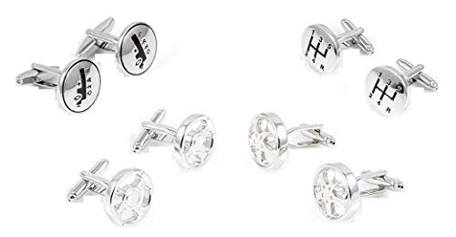 MRCUFF Car Auto Racing Race Steering Wheel Mags Stick 5 Speed 4 Pairs Cufflinks in a Presentation Gift Box & Polishing Cloth