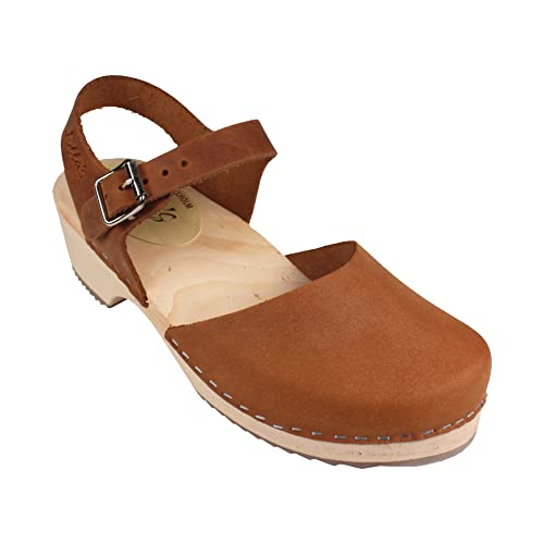 Lotta From Stockholm Swedish Low Wood Clogs - Brown Oiled Nubuck Leather Clogs for Women I Supportive Wooden Clog 2 Inch Heel & 3/4 Inch Platform - 39