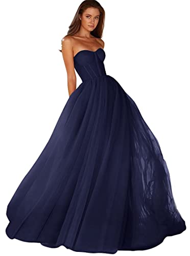 Navy Blue Prom Dresses Tulle Long Sweetheart Strapless Illusion Simple A Line Party Women Evening Gown Floor Length Size 6