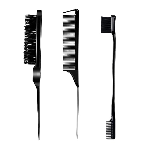 3 Pieces Comb Set for Teasing, Edge & Back Brushing - Rat Tail & Edge Combs for Styling Women's Hair (Black)