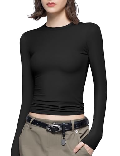 PUMIEY Long Sleeve Shirts for Women Slim Fit Tops Fall Fashion Basic Tee, Jet Black Meduim