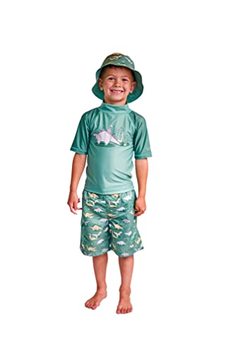 UV SKINZ Boys 3 Piece Sun and Swim Set with UPF 50+ Sun Protection – Boys Swimsuit, Toddler Swim Suits, Swimwear for Toddler & Boys (5, Green Origami Dinos)