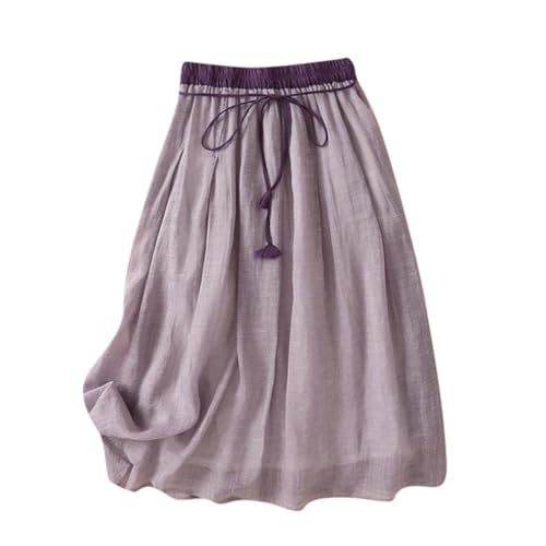 Women's Cotton Linen Skirts High Waist Skirt Vintage Solid Color Wrap Skirt Layered Drawstring Knee Length Skirt