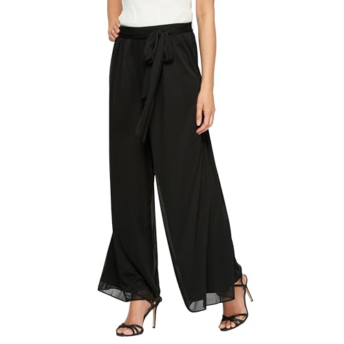 Alex Evenings Women's Wide Leg Dress Pant (Regular, Black Mesh Tie Waste, Large Petite