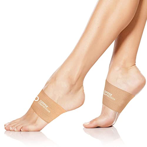 Copper Compression Copper Arch Support - 2 Pain Relief Foot Care Brace Sleeves for Plantar Fasciitis, Heel Spurs - Wide Narrow Feet - Flat & Fallen Arches, High Arch - One Size - 1 Pair - Nude