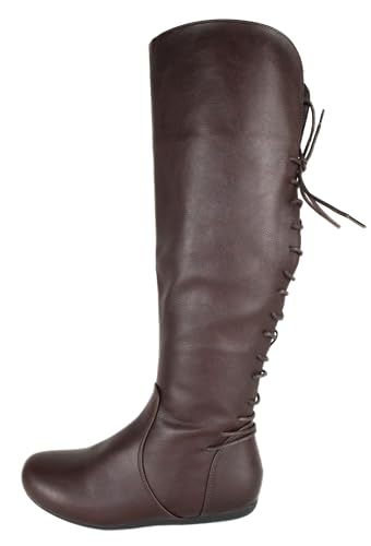 TOP Moda Women Knee High Boots Back Lace Flat Heel Side Zipper Round Toe Dark Brown 10