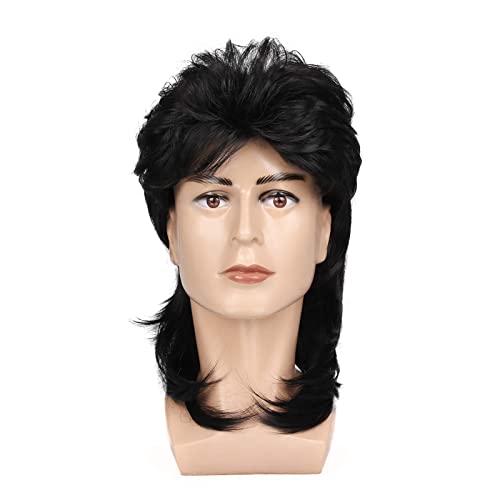 Men's Short Mullet Wig Anime Cosplay Cool Boy Party Fluffy Curly Synthetic Hair Fiber Full Head Cover Halloween Costume (20 inch, Black)