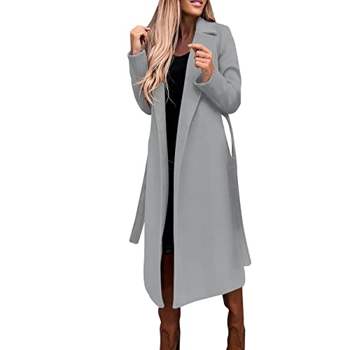Tuianres Faux Wool Coats for Women Elegant Notch Collar Slim Long Belt Windproof Pea Coat Winter Wool Blend Long Trench Coat