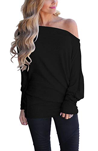 INFITTY Women's Off Shoulder Loose Pullover Sweater Batwing Sleeve Knit Jumper Oversized Tunics Top Black Medium