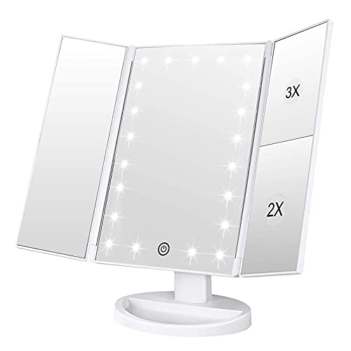 WEILY Tabletop Mount Makeup Mirror with 21 LED Lights,Two Power Supply, Touch Screen and 1x/2x/3x Magnification Tri-Fold Vanity Mirror , Gift for Women(White)