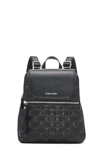 Calvin Klein Reyna Signature Key Item Flap Backpack, Black/Silver Puffy Logo