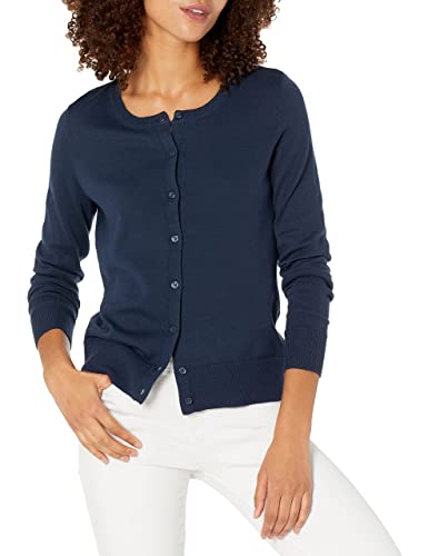 Amazon Essentials Women's Lightweight Crewneck Cardigan Sweater (Available in Plus Size), Navy, Medium