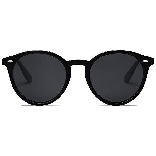 SOJOS Retro Round Polarized Sunglasses for Women Men Classic Vintage Sunnies SJ2069, Black/Grey