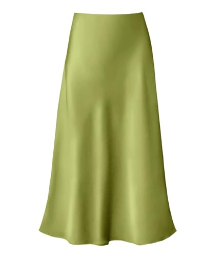 Women's Satin High Waist Hidden Elasticized Waistband Flared Casual A Line Midi Skirt (Apple Green, Medium)