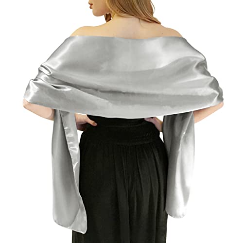 MLMW Satin Shawls and Wraps for Evening Dresses,Women, Wedding, Bridal Party, Extra Long (Light Silver)