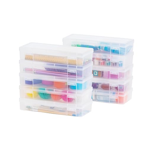 IRIS USA 10 Pack Large Plastic Art Craft Sewing Supply Organizer Storage Containers with Latching Lid, for Paint Brush, 12' Ruler, Tools, Ribbons, Washi Tape, Ornaments, Stackable, Clear